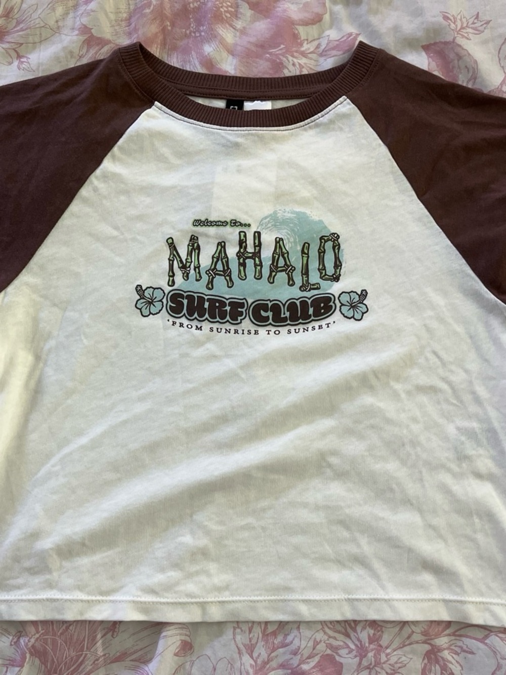 H&M White Raglan Tee with Brown Sleeves - Mahalo Surf Club Graphic